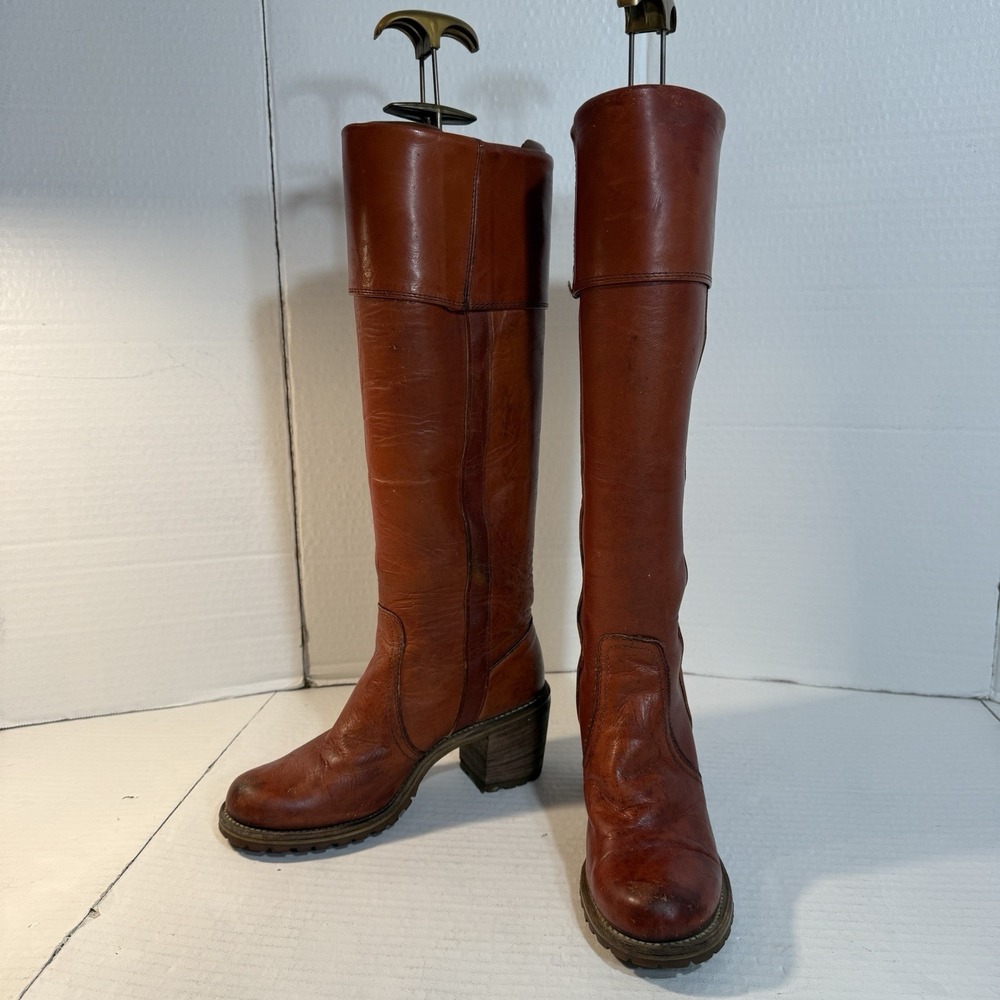 VTG Frye Campus Boots Sz 6 70s Knee High Cuff Black Label Cognac Orig Box USA - Picture 16 of 16